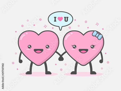 Illustration of cute and kawaii couple heart mascot character holding hands in feeling happy and smiling with "I LOVE YOU" word. Love and Valentine's day concept
