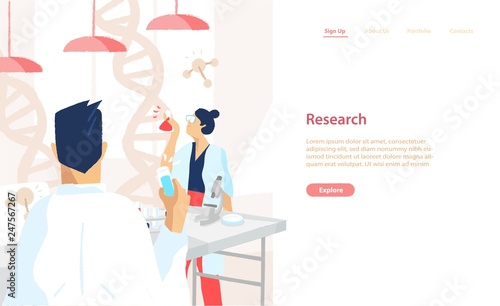 Web banner template with pair of scientists wearing white coats conducting experiments and scientific research in science laboratory. Vector illustration for medical lab service advertisement.