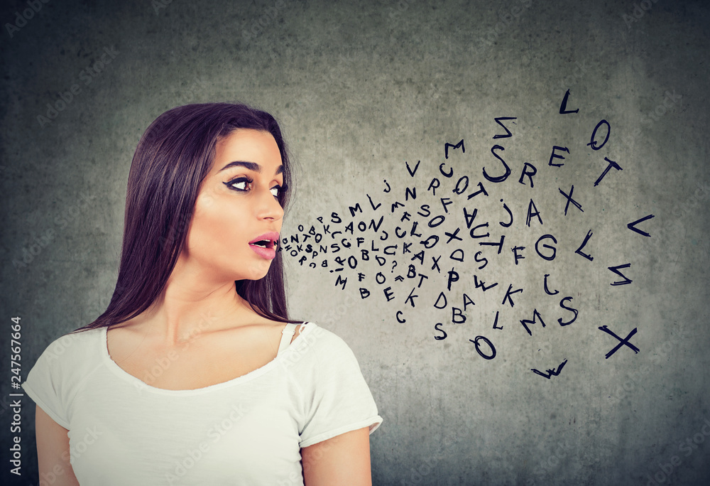 Woman talking with alphabet letters coming out of her mouth. Woman talking with alphabet letters coming out of her mouth.