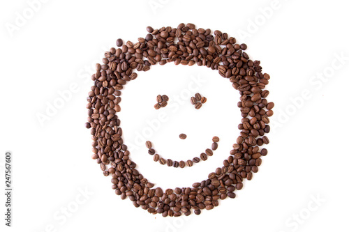 close up brown coffee bean smiley grains, isolated on white