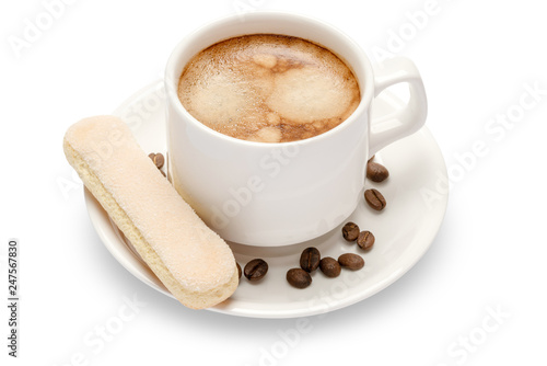 White ceramic cup of coffee with a savoiardi ladyfinger cookie on a plate