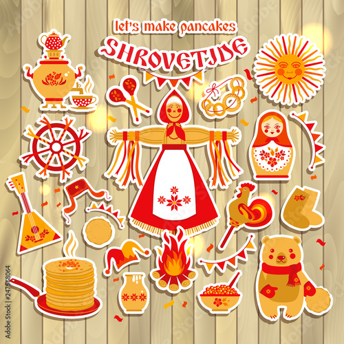Vector sticker set on the theme of the Russian holiday Carnival.