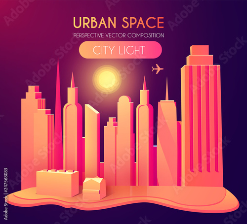 3D City Concept. Urban Background with Skyscrappers. Perspective Scene.