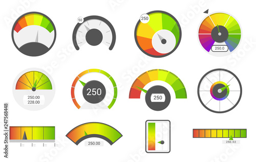 Speedometer icons. Credit score indicators. Speedometer goods gauge rating meter. Level indicator, credit loan scoring manometers vector set.