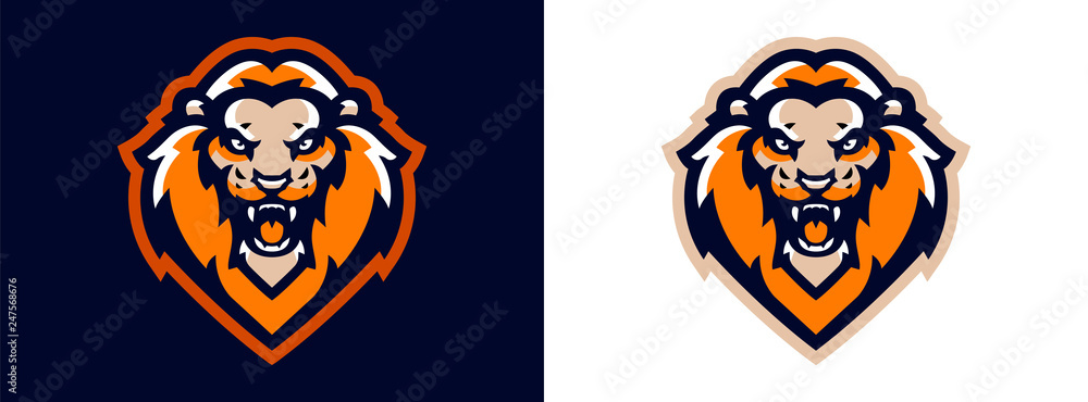 Lion logo. The king of beasts, Leo. Dangerous beast, animal, predator, mane, grin. African animal. Sports logo, vector illustration. Lion logo. The king of beasts, Leo. Dangerous beast, animal, predator, mane, grin. African animal. Sports logo, vector illustration.