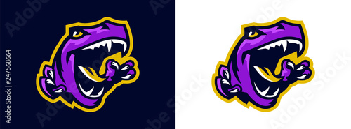 The emblem of an aggressive dinosaur, sharp teeth. Sports logo dino. Extinct predatory, Jurassic period. Vector illustration