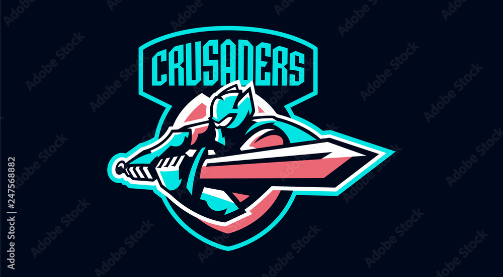 The emblem of a knight waving a sword. Paladin and his sword, a warrior in armor, a swordsman. Vector illustration The emblem of a knight waving a sword. Paladin and his sword, a warrior in armor, a swordsman. Vector illustration