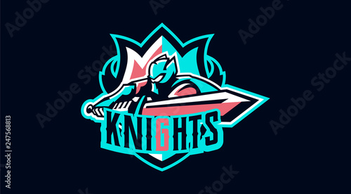 The emblem of a knight waving a sword. Paladin and his sword, a warrior in armor, a swordsman. Vector illustration