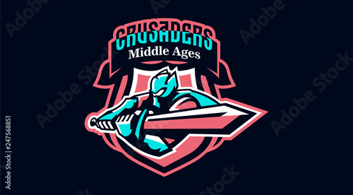 The emblem of a knight waving a sword. Paladin and his sword, a warrior in armor, a swordsman. Vector illustration