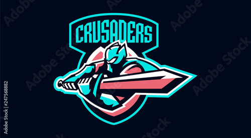 The emblem of a knight waving a sword. Paladin and his sword, a warrior in armor, a swordsman. Vector illustration
