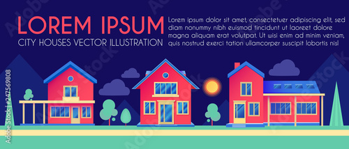 House Exterior. Town Landscape. Houses along the Street. Flat Cottages.