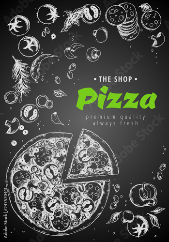 Italian pizza top view frame. A set of classic Italian dishes. Italian food, pizzeria menu design template. Vintage hand drawn sketch vector illustration. Engraved image.