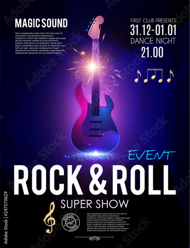 Rock N Roll Party POster Template with Electric Guitar and Light Effects.