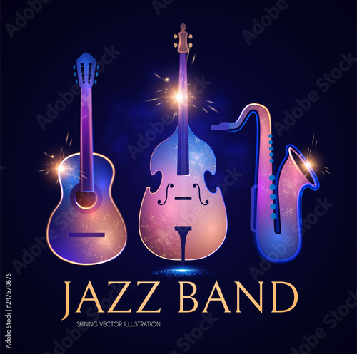 Music Instruments, Guitar, Double Bass and Saxophone. Jass Band Concert Design Template.