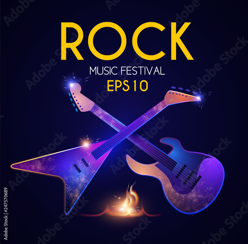 Rock Festival Design Template with Shining Guitars. Neon and Fire.