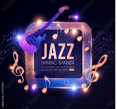 Jazz Concert Poster Template with Guitar, Shining notes and Banner with Lights. Music Event.