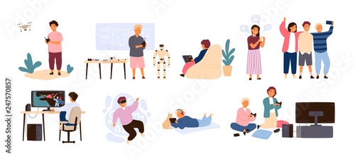 Set of cute happy children performing various activities or doing hobbies - playing games on computer or console, programming, launching drone, wearing VR headset. Flat cartoon vector illustration.