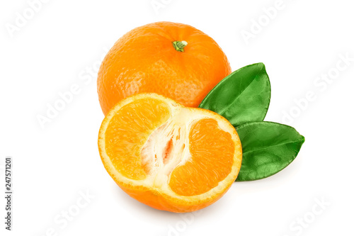 tangerine or mandarin fruit with leaves isolated on white background