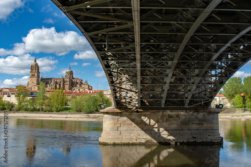 iron bridge and Salamanca Cathedral in Salamanca, Spain