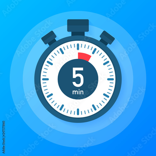 The 5 minutes, stopwatch vector icon. Stopwatch icon in flat style, timer on on color background.  Vector illustration.
