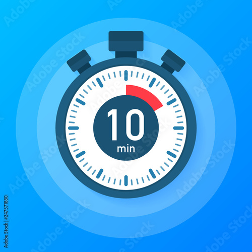 The 10 minutes, stopwatch vector icon. Stopwatch icon in flat style, timer on on color background.  Vector illustration.