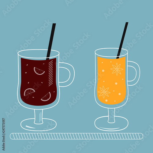 Vector set of mulled wine with spices. Winter warm drinks.