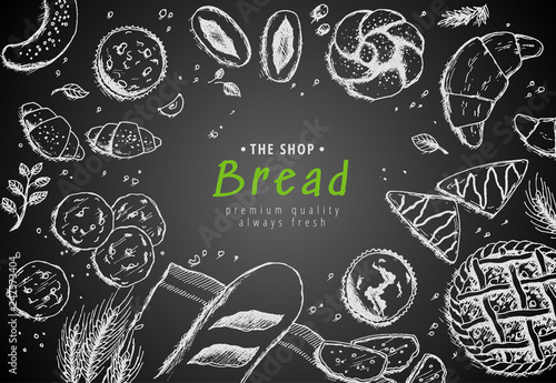 Vector bakery vintage background design. Hand drawn bread sketch illustration with wheat, flour on dark background. Concept for bakery menu, organic flour, grain and cereal products.