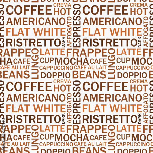 Coffee types seamless text pattern.