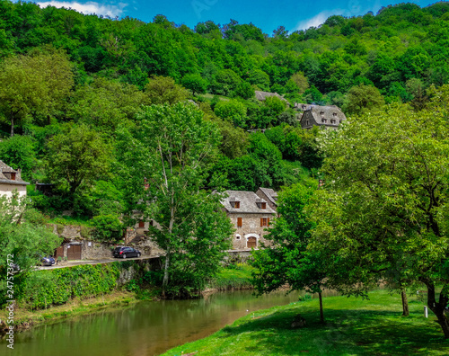 Belcastel medieval town  trees and houses with sunlight  Aveyron  France