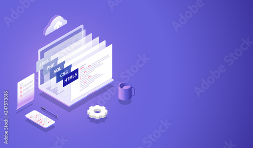 Processing of software and programming development Isometric concept, best programming languages and coding on computer and smartphone Vector.