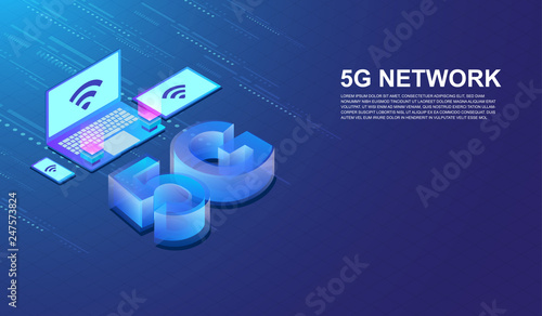 5G network internet connected by smartphone, tablet and computer laptop isometric concept Vector.