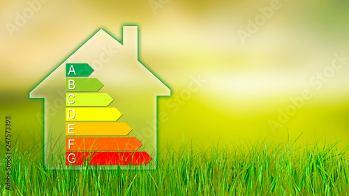 Green house in a energy efficience performance certificate concept. Empty copy space for Editor's text.