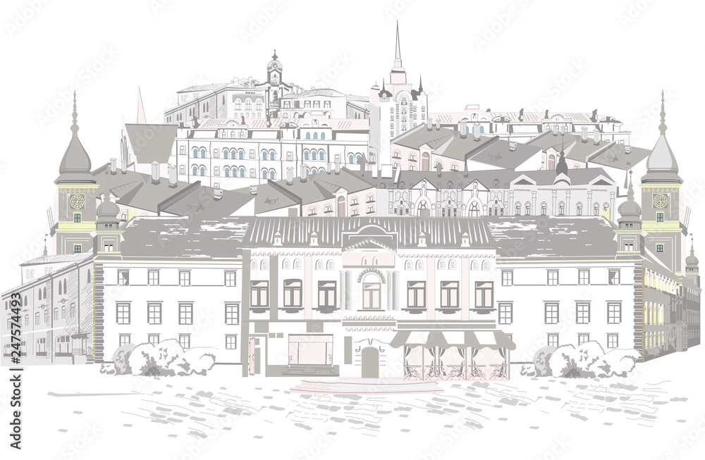 Fototapeta Seria widoków na ulicę na starym mieście. Ręcznie rysowane tło architektoniczne wektor z zabytkowymi budynkami. Czarno-biały szkic