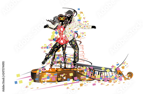 Beautiful romantic couple in passionate Latin American dances. Salsa festival. Hand drawn poster background.