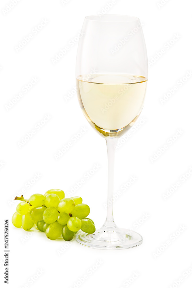 Wine glass with white wine and grapes isolated white background Wine glass with white wine and grapes isolated white background