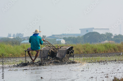 Thai farmer driving tiller tractor to plow paddy field before rice culture