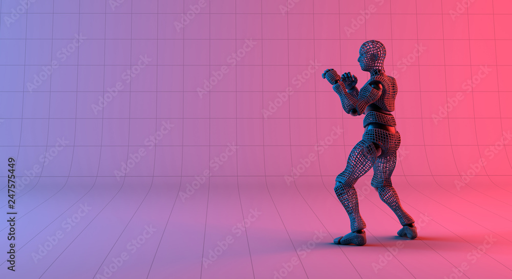 Robot wireframe guard stance on gradient red violet background Robot wireframe guard stance on gradient red violet background