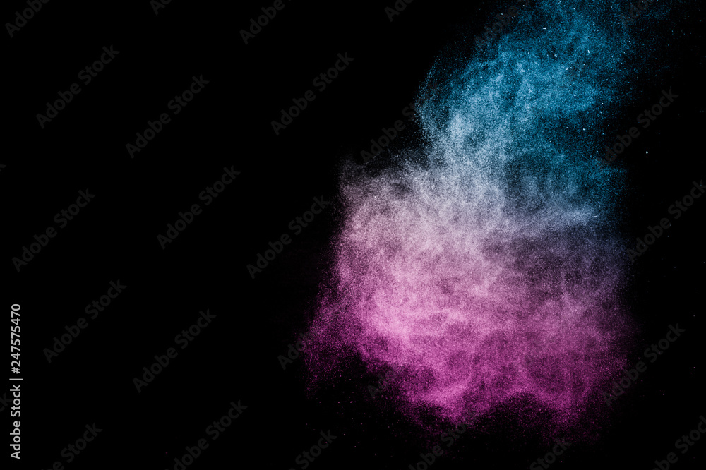 purple and blue ocean powder effect splash for makeup artist or graphic design in black background