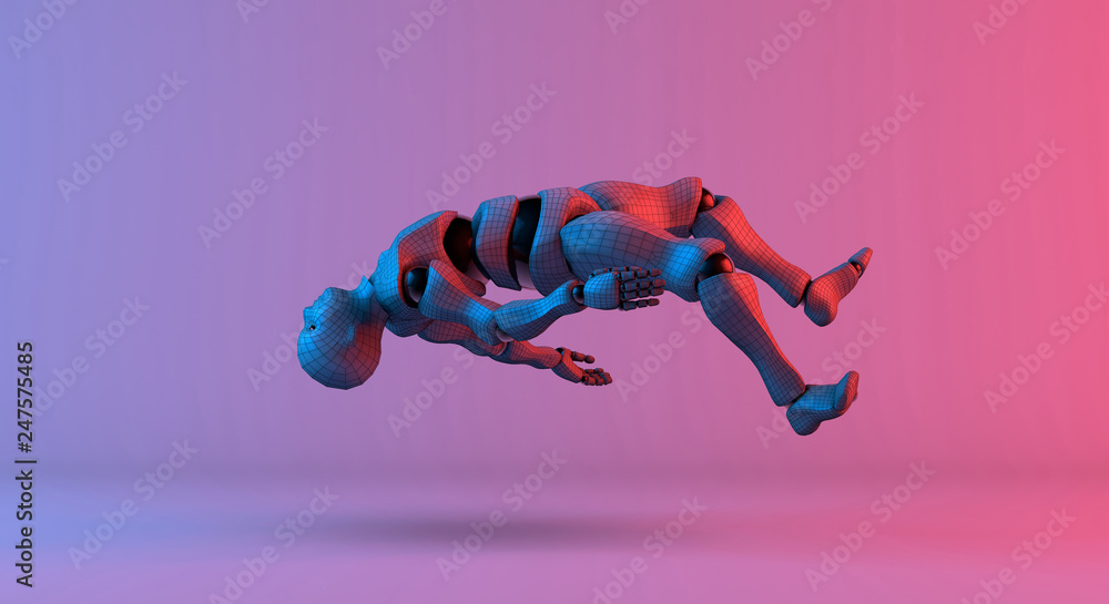 Obraz premium Robot wireframe float on gradient red violet background
