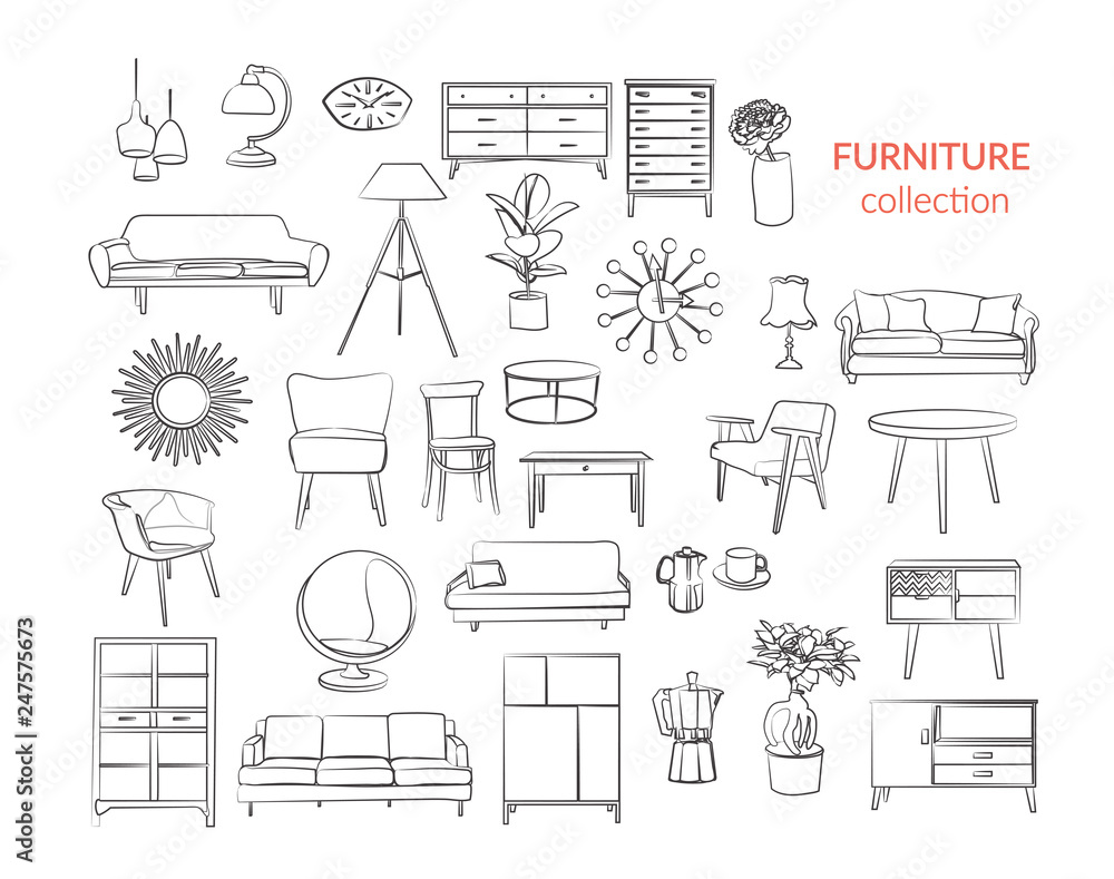 furniture collection. vector interior design elements. outlined furniture  drawing. Stock Vector | Adobe Stock