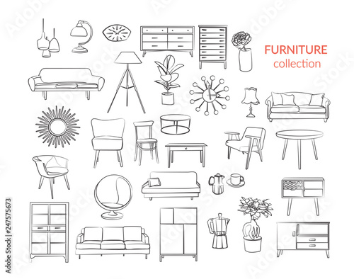 furniture collection. vector interior design elements. outlined furniture drawing.  photo