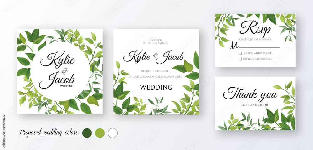  Wedding Invitation, thank you, rsvp card. Floral design with green watercolor fern leaves, foliage greenery decorative frame print. Vector elegant cute rustic greeting, invite, postcard 