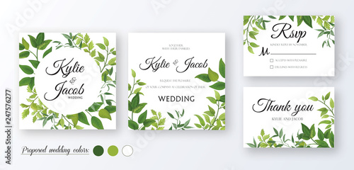  Wedding Invitation  thank you  rsvp card. Floral design with green watercolor fern leaves  foliage greenery decorative frame print. Vector elegant cute rustic greeting  invite  postcard 
