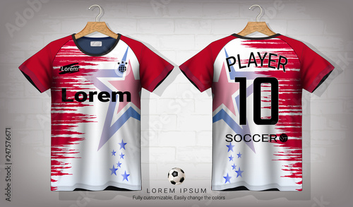 Soccer jersey and t-shirt sport mockup template, Graphic design for football kit or activewear uniforms, Ready for customize logo and name, Easily to change colors and lettering styles in your team.