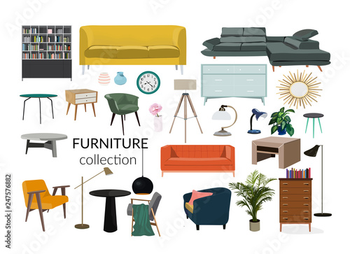 vector interior design illustration. collection set of elements. designer trendy furniture. table chair sofa lamp mirror plant chest table armchair. modern and retro. contemporary danish. mid century