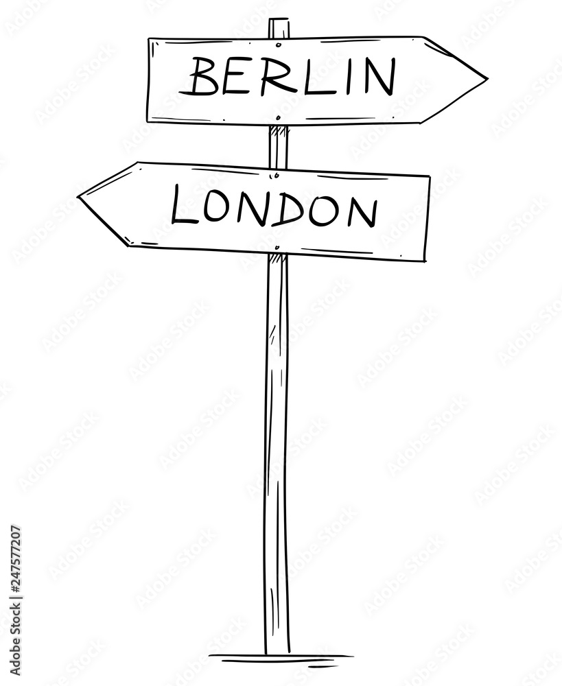 Artistic drawing of old wooden two directional road arrow sign with city Berlin and London texts. Concept of Germany and United Kingdom relations. Artistic drawing of old wooden two directional road arrow sign with city Berlin and London texts. Concept of Germany and United Kingdom relations.