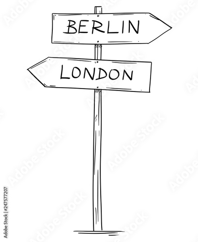 Artistic drawing of old wooden two directional road arrow sign with city Berlin and London texts. Concept of Germany and United Kingdom relations.