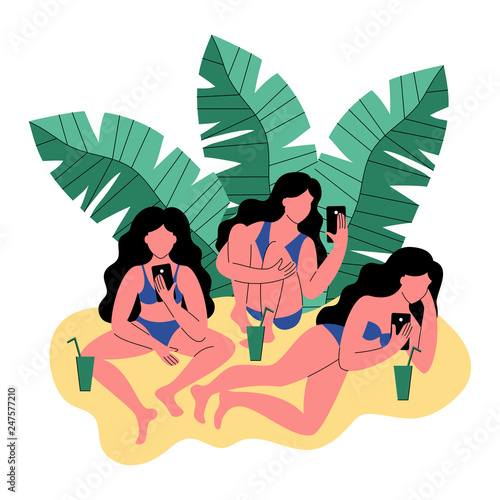 Three women in bikini use a smartphone. Women with cocktails. Vector illustration.