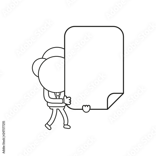 Vector businessman character walking and holding blank paper. Black outline.