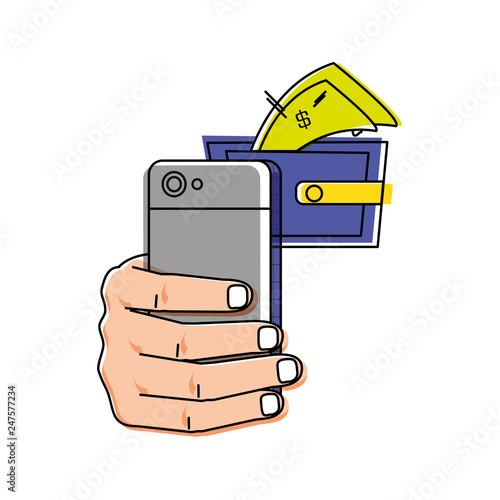 hand using smartphone with wallet and bills